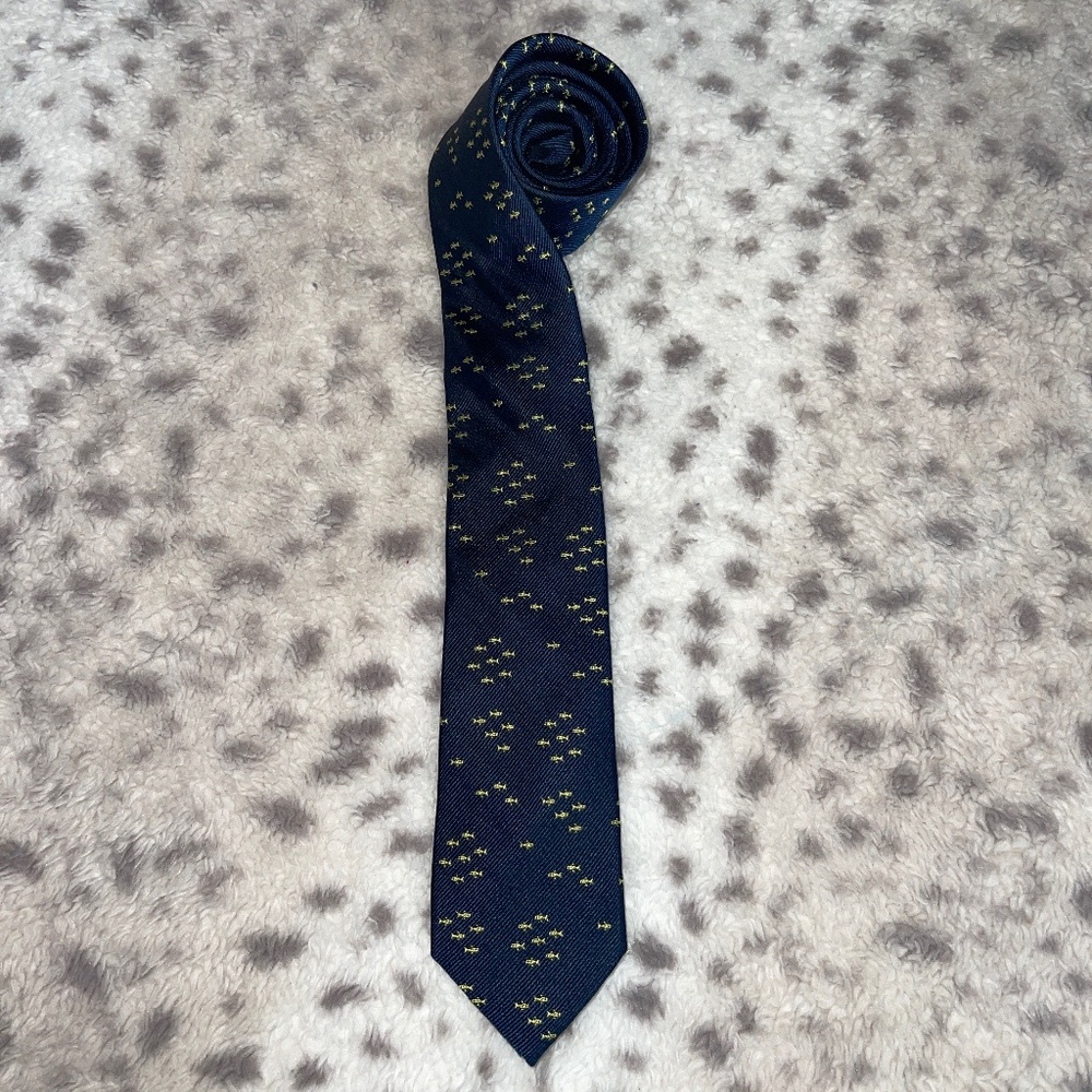 J. Crew Navy Blue with Gold Fish Silk Tie